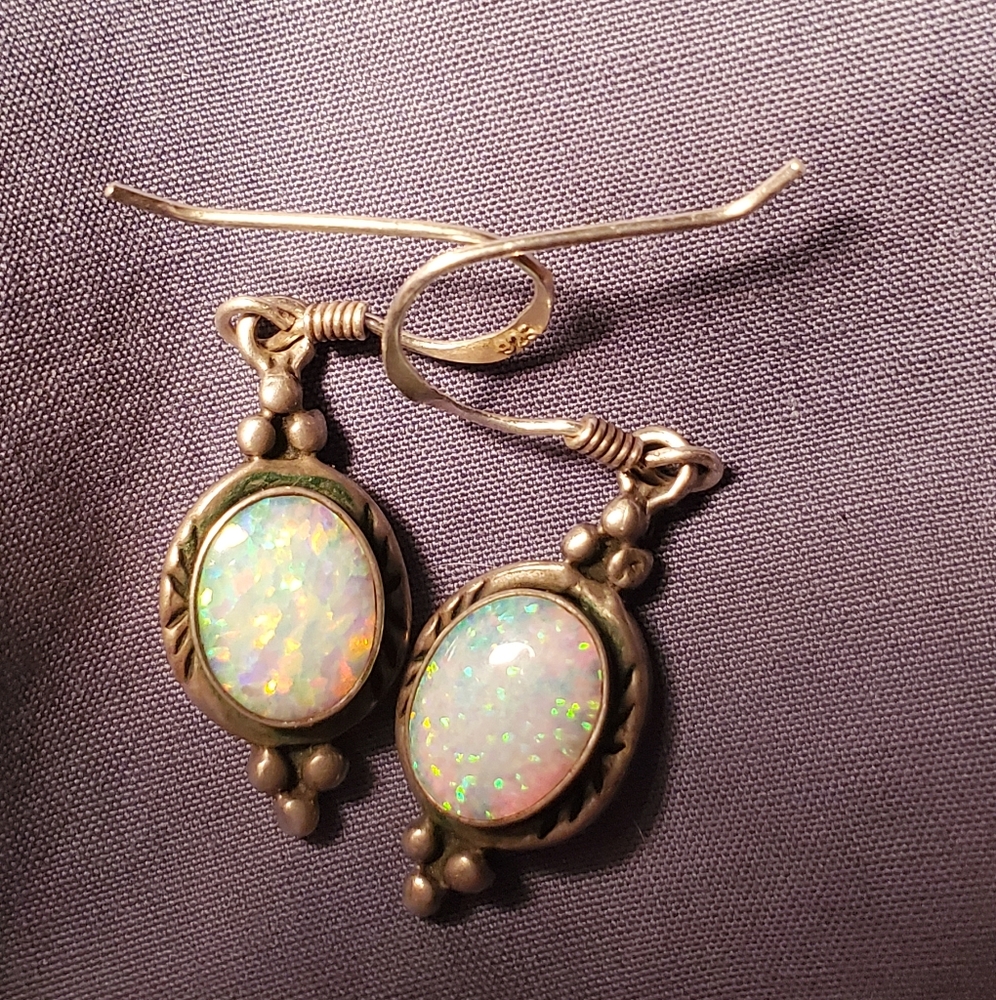 Lab created opal sterling silver dangle earrings